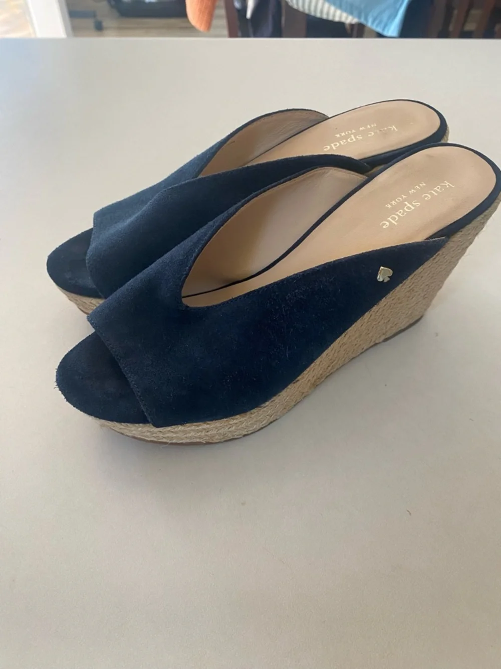 KATE SPADE THEA WEDGE ESPADRILLE SANDAL HEEL SUEDE NAVY WOMENS SZ 8